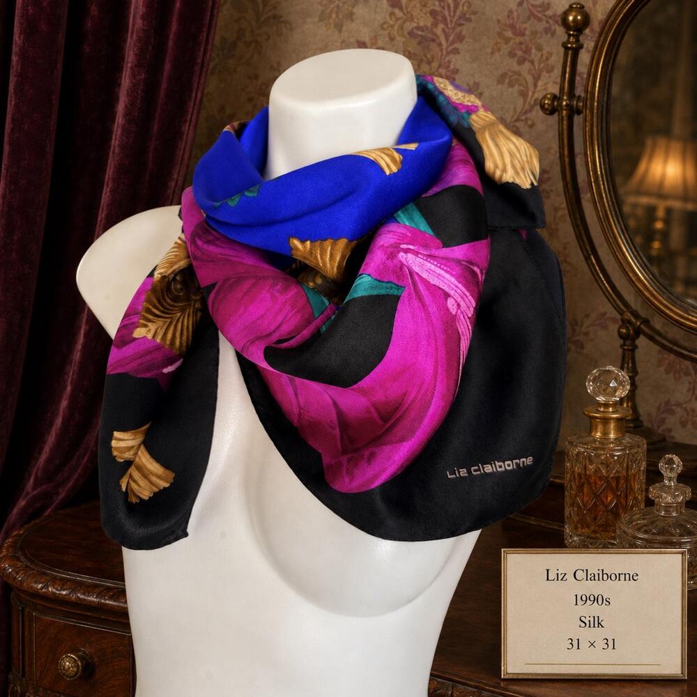 Vintage Liz Claiborne 1990s Silk Jewel Tone Tassel Medallion Scarf 31 x 31